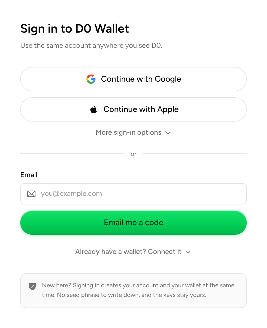 D0 Wallet sign-in offering Google, Apple and email, creating a self-custody wallet with no seed phrase
